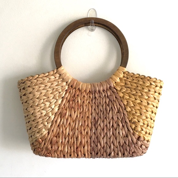 (SOLD) Straw Tote Bag With Round Wood Handles - Picture 2 of 13